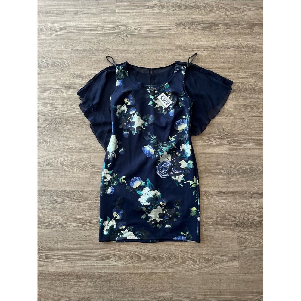 En Focus Studio Dress Womens Size 8 Navy Blue Floral Flutter Sleeve Sheath NWT